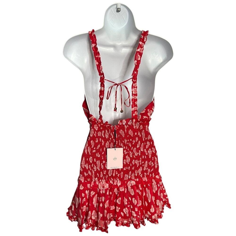 Hello Molly On The Ground red pink printed v-neck mini dress ruffle small 4 NWT - Picture 6 of 8